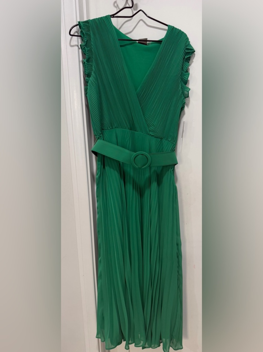 Taylor Emerald Green Pleated Midi Dress with Belt